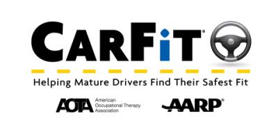 CarFit logo featuring a slogan "Helping mature drivers find their safest fit" and the AARP and American Occupational Therapy Association logos.