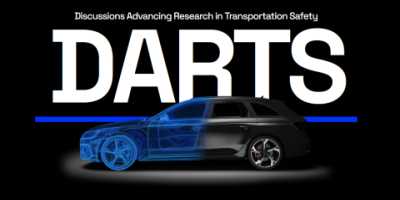 DARTS, Discussions Advancing Research in Transportation Safety, conference logo with blueprints and black car
