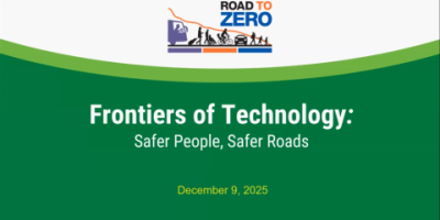 A screen shot of the Road to Zero Frontiers of Technology: Safer People, Safer Roads webinar, with a broad field of green on the bottom and the Road to Zero logo above in a white semicircle.