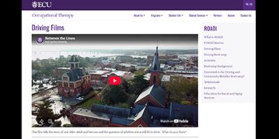 A screenshot of the East Carolina University Department of Occupational Therapy page with a bird's eye view of the campus.