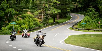 Three motorcyclists wearing helmets and protective jackets ride around a curve in a road lined with trees.